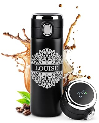 Maverton Mug de voyage personnalisé, Bouteille isotherme 400 ml | Tasse en inox avec Afficheur de température LED, Thermos gravé pour femme, anniversaire, pour elle, Cadeau Noel, floral