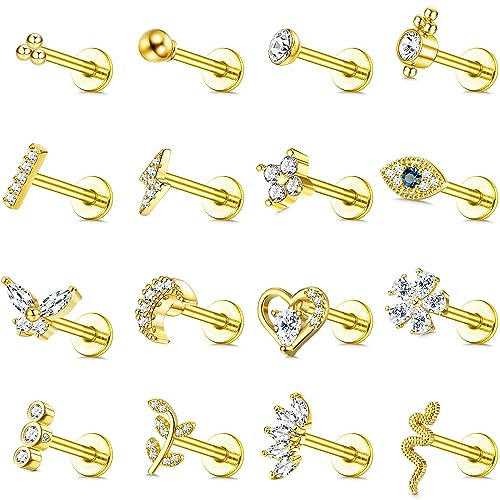 JeweBella 16 Stück 16G Helix Tragus Piercing Knorpel Ohrringe für Damen Chirurgenstahl Innengewinde CZ Mond Herz Blatt Monroe Medusa Labret Piercing Nasenstecker Lippenpiercing Helix Piercing Ohr