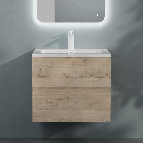 doporro Badmöbel-Set Unterschrank 60x48x50cm in Eiche Greige Waschbecken | Wandhängendes Badmöbel-Set mit Mineralguss-Waschbecken – elegant & pflegeleicht 60x48x50cm in Eiche Greige Aqualis