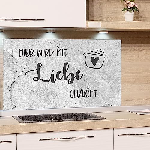 GRAZDesign Spritzschutz Küchenrückwand Glas Küche für Herd & Küchenspüle, Grau Steinoptik und Spruch | Glasplatte Rückwand Küchenwand Wandschutz | 80x60cm