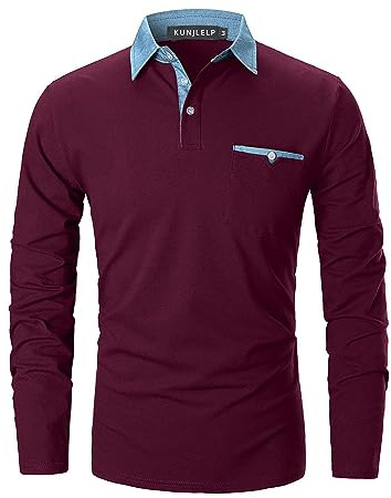 KUNJLELP Poloshirt Herren Langarm, T Shirts Männer, Hemd Herren Denim-Splice T-Shirt Golf Polo Shirt