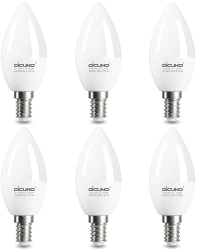 DiCUNO E14 LED Lampe, C37, 5W ersetzt 50W, Kaltweiß 5000K, 550lm, 6er Pack | C37 Kerzenform, 230V AC, CRI 90, 360° Abstrahlwinkel, Flimmerfrei, nicht dimmbar für Schlafzimmer, Wohnzimmer oder Essbereich