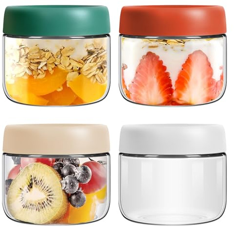 4 Pack 300ml Overnight Oats Gläser,Overnight Oats Behälter,Schraubgläser Mit Deckel für Overnight Oats Salat Joghurt Marmelade Chutney,Wiederverwendbare Glasbehälter Mit Deckel Rund Meal Prep Glas