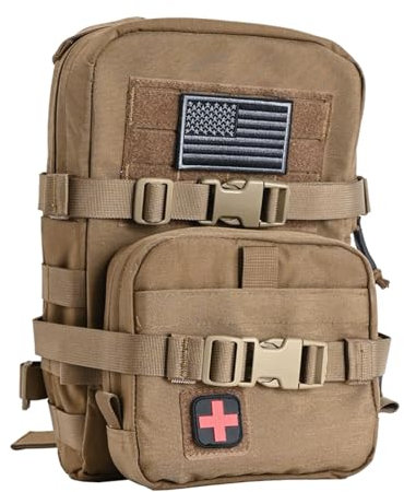 Taktischer Mini-Molle-Trinkrucksack, Molle-Trinkträger mit IFAK-Tasche & US-Flagge & Med Patch, Hydropack für 2 l Wasserblase, Coyote Braun, Medium, Militärisch taktisch