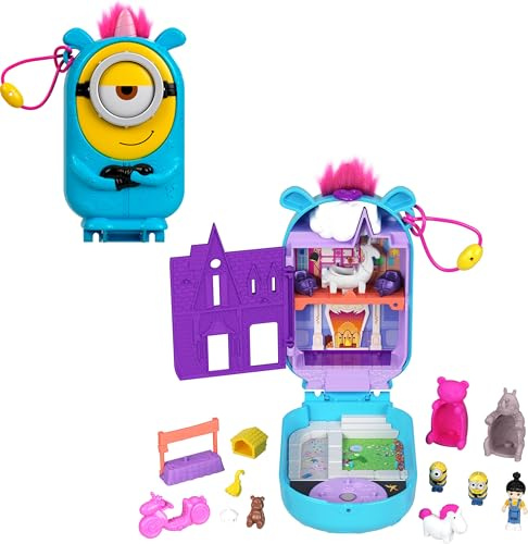 Polly Pocket Coffret Minions avec 1 figurine, 2 figurines Minions et une peluche licorne, coffret à collectionner avec 9 accessoires, HWP09