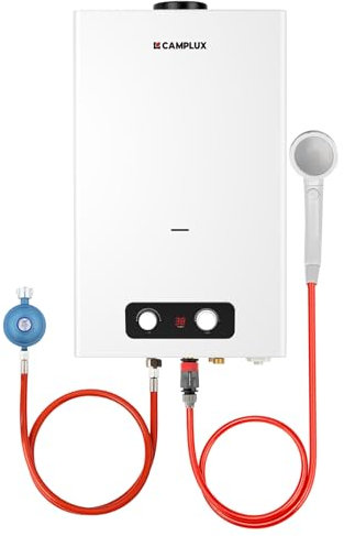 CAMPLUX Scaldabagno a Gas 16 Litri, Doccia a Gas Propano e Butano, 50mbar, per Campeggio/Esterno/Giardino, 32kW, BD422-DE