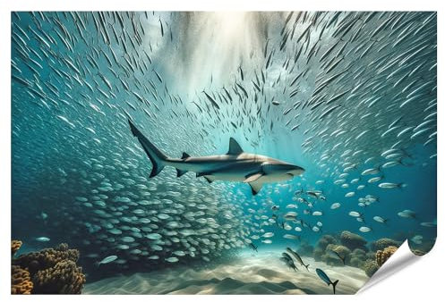 islandburner XXL Bild Poster Ozeanischer Tanz: Hai und Fische in Symbiose Premium Bilder Fotodruck