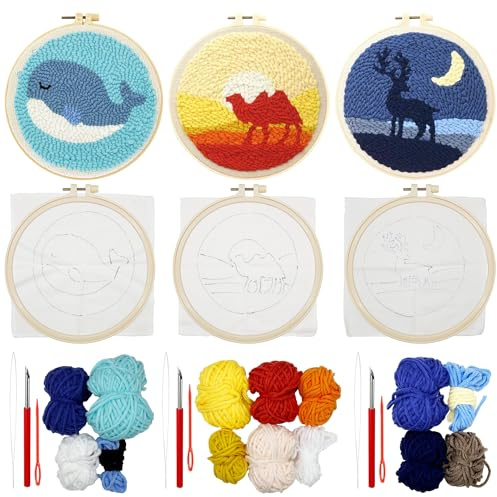 Allazone Punch Needle Kit Ricamo Starter Kit, 3 Pz Kit Completo per Ricamo con Motivo e Lstruzioni, Set da Ricamo per Principianti e Adulti (Animali)