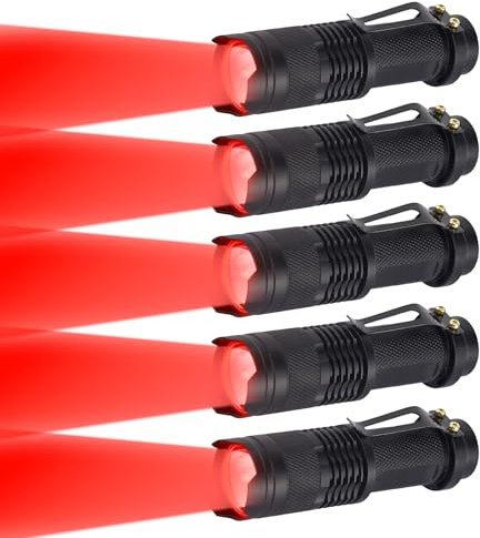 LIAISIMI Lampe Torche Rouge, Lampe de Poche Rouge LED, 3 Modes, Étanche, Portable, Zoomable Lampe Lumiere Rouge pour Camping, Pêche, Astronomie (Lot de 5)