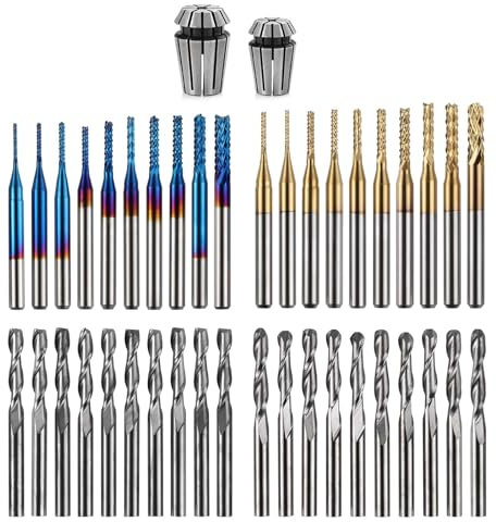 ANNOYTOOLS 40/pcs Schaftfräser-CNC-Fräser-Bit-Set mit ER11, ER16 Spannzange, 1/8-Zoll-Schaft, CNC-Schnitz-Bit-Set, einschließlich 2-schneidigen Flachfräs- und Kugelfräsern, Nano-Blau- und Titan