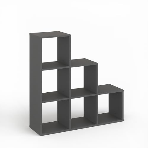 KOMTO Treppenregal Stufenregal - Raumteiler Regal Bücherregal mit 6 Fächern 30x30 cm Würfelregal | Bookshelf Anthrazit Vexo