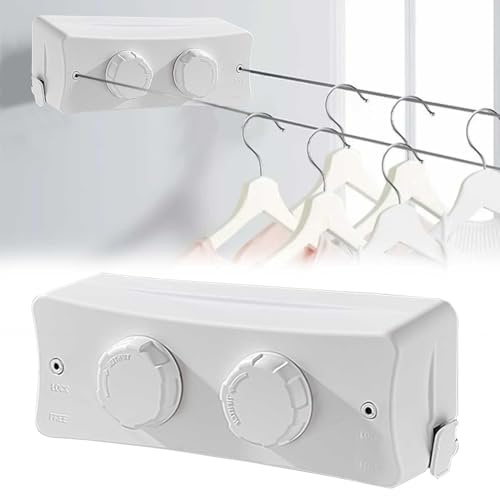 Wäscheleine Ausziehbar Wandmontage 2 x 5.1M Edelstahlseil, Ohne Bohren | Nicht Durchhängende, Einziehbare Wäscheleine für Draußen Balkon Reise Camping Badewanne bis 20KG, Weiß