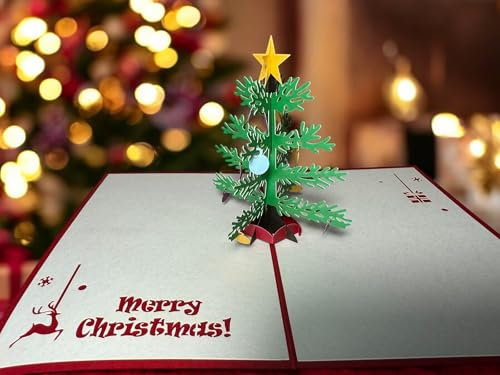 Lalasol Pop-Up Weihnachtskarte, 3D Karte mit Umschlag, Weihnachtsbaum, Weihnachtsmann mit Geschenken, Karte für die Feiertage (Weihnachtsbaum 02)