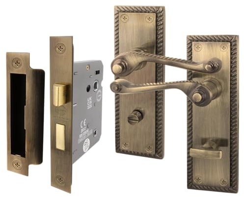 EAI Antique Brass Door Handles with Bathroom Lock 64mm - Rope Scroll | Complete Bathroom Kit with 1 Pair of Georgian Scroll Roped Edge Lever Door Handles, 64mm Bathroom Lock, Fixings Included