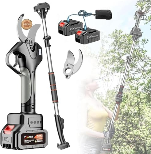 DDZJTPP Tijeras electricas para podar sin Cable,Tijera de podar Eléctrico de 45mm Podadora de Flores Podar con Pértiga de extensión,2X 4.5Ah Batería Recargable y 2 Hojas de Repuesto,WithExtensionRod