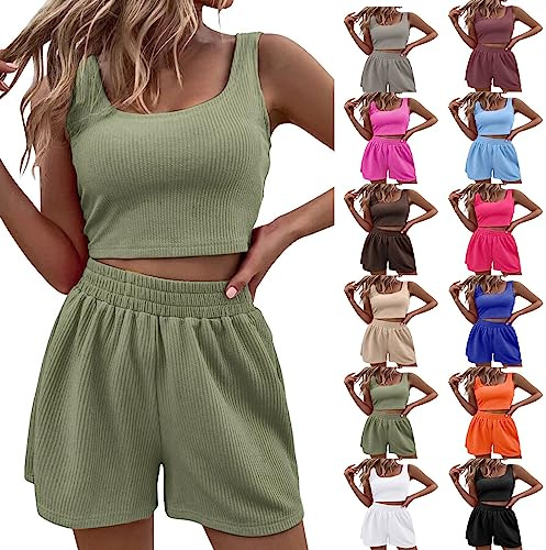 Angebote des Tages Heute Zweiteiler Damen Musselin Bluse Und Shorts Sommer Set Lounge Set Y2K Clothes Sportanzug Hawaii Outfit Damen 2 Teiler Freizeitanzug Loungewear Two Piece für Strand Urlaub