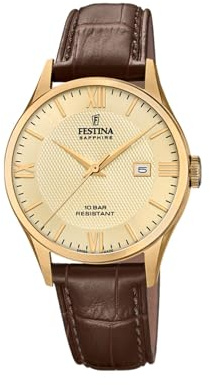 Festina Swiss Made Herrenuhr Analog aus Leder Braun | Quarzwerk, Kalender, Widerstandsfähiges Saphirglas, Wasserdicht 10 ATM F20010/5 Classic Leather