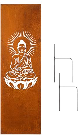 D&L Lasertec Edelrost Garten Sichtschutzwand Metall Buddha 160 x 50cm Gartendeko Gartenzaun inl. Bodenanker (Größe 160 x 50cm)