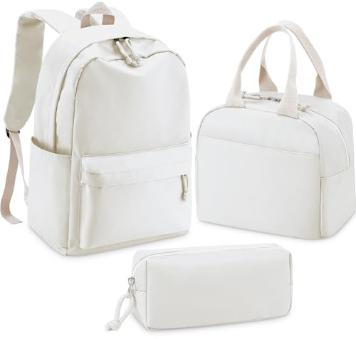Cunno 3 Pcs School Backpack for Teen Girls Bookbags Kids Set with Lunch Box and Pencil Case College Laptop Casual Backpack(Cream White)