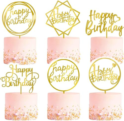 UCLEVER 6 Stück Goldenes Happy Birthday Tortendeko Set, Acryl Glitter Cupcake Topper, Girlande Herze Sternen Cake Topper, Kuchen Deko für Mädchen, Kinder, Hochzeit (Gold)