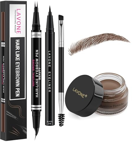 LAVONE Hair-Like Eyebrow Pen Makeup kit, Eyebrow Pencils for Women with Waterproof Microblading Eyebrow Pencil, Eyebrow Pomade, Eyeliner and Eyebrow Brush, Create Full, Natural Brows, Dark Brown