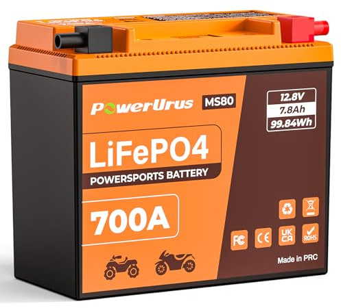 Batterie de moto au lithium, PowerUrus 12 V, batterie au lithium LiFePO4 avec BMS et affichage 12,8 V 7,8 Ah 700 CCA, batteries de démarrage LiFePO4 pour motos, VTT, UTV