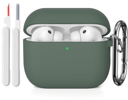 KOKOKA Silikon Hülle Schutzhülle Kompatibel mit AirPods Pro 3. Generation mit Reinigungsset, Stoßfeste Weiche Dünne Schutzhülle Case für Airpods Pro 3 2025 mit Cleaner Kit & Karabiner, Deep Green