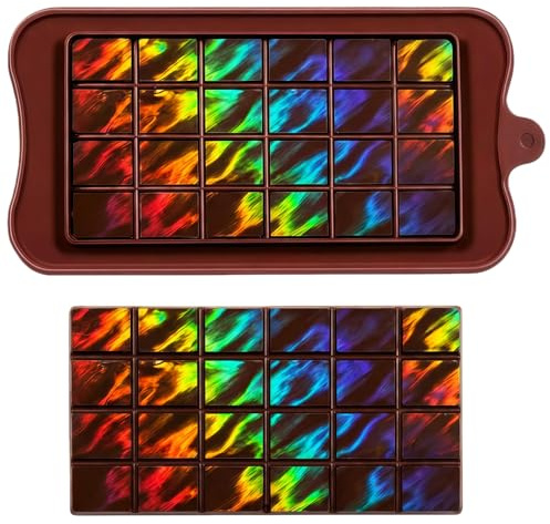Ziliny Flame Holographic Chocolate Molds Silicone - 7 Unique Designs, Chocolate Bar Mold for DIY Candy Wax Melts Resin, Rainbow Shimmer Effect, Easy Release