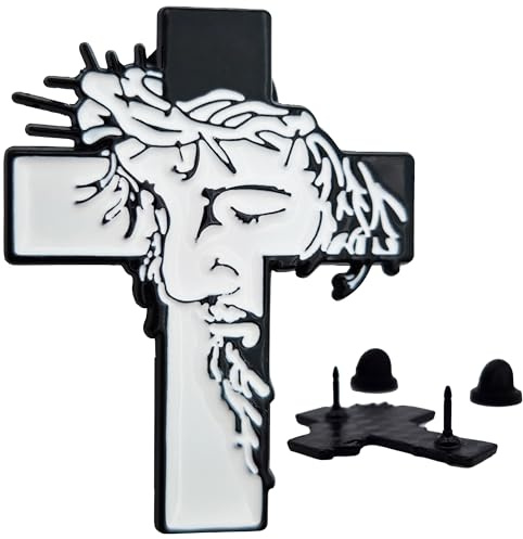 Lunexus Anstecknadel Kreuz Lapel Pin Jesus - Schwarz-Weiß, 2,54 × 3,30 cm | Lapel Pin mit detailreichem Jesus Antlitz, doppelter Butterfly-Verschluss - gesegnet mit Zertifikat