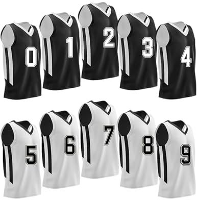 10-Pack Men's Reversible Custom Basketball Jerseys, Mesh Athletic Sleeveless Shirts Blank Team Scrimmage Pinnies Uniforms Set (Black/White, Iron-On Numbers)