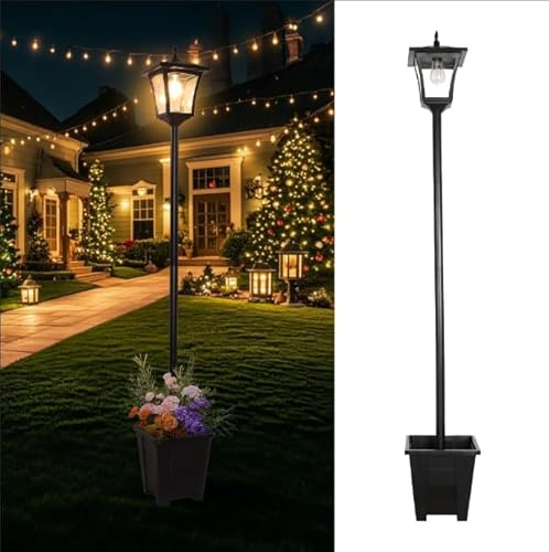 59 Solar Lamp Post with Planter 2-in-1, Solar Post Lights Outdoor Waterproof, Dusk to dawn Warm Yellow Lights, Outdoor Planter for Real or Fake Flowers, Solar Lights for Lawn, Patio, Front/Back Door