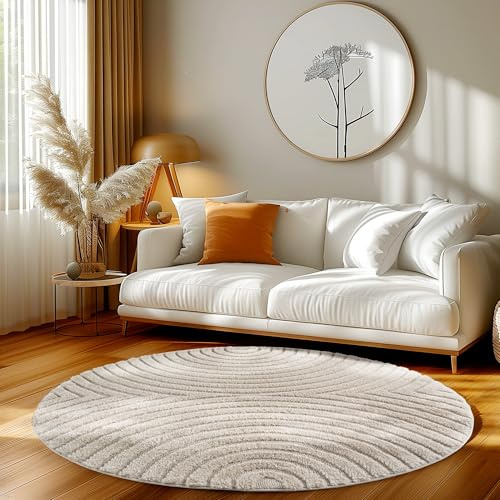 HomebyHome Wohnzimmer Teppich Rund 120 cm Creme Hochflor Skandi Boho Design Hoch-Tief Effekt Weicher Shaggy Langflor Flauschig Robust Pflegeleicht Modern für beistelltisch