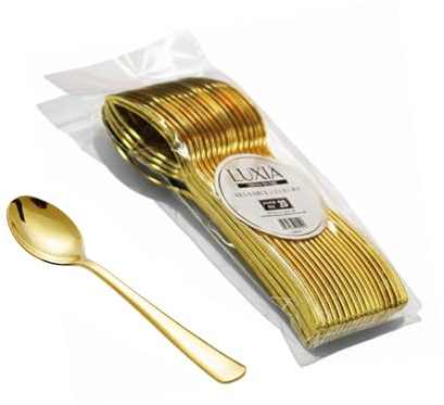 Luxia Reusable Plastic Cutlery Gold Small Spoon, 20pcs Bulk Pack Durable Elegant Cutlery, 12.8cm Durable Dinnerware for Weddings, Catered Events (Small)