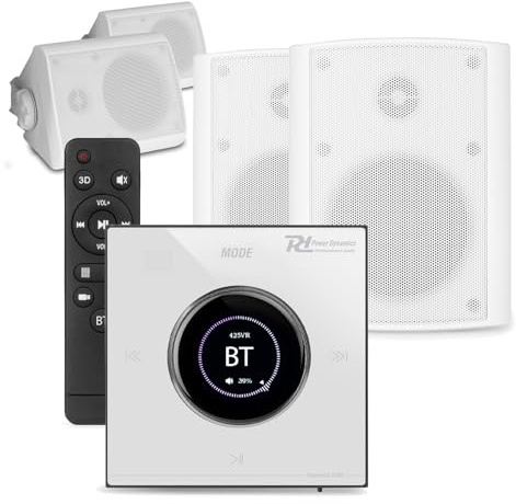 Power Dynamics Powerline B100W Garden Wall Speaker System with Bluetooth Amplifier, 4x 5.25 Waterproof Speakers, In-Wall Audio Control, 50m Cable, White