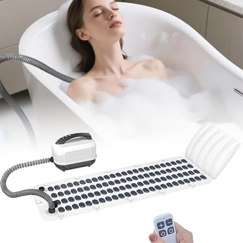 Bath Spa Massage Mat, with 114 Air Jets, 6 Speed Settings, Bubble Massage Pad with Pillow & Suction Cups, Home Spa System with Remote Control, ABS+PVC Durable Material