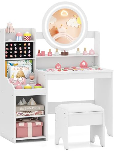 COSTWAY Kinder Schminktisch mit Beleuchtung, Kinderschminktisch mit Spiegel, Regalen & gepolstertem Hocker, Prinzessin Frisiertisch aus Holz, Schminkkommode für Mädchen ab 3 Jahren (Weiß)