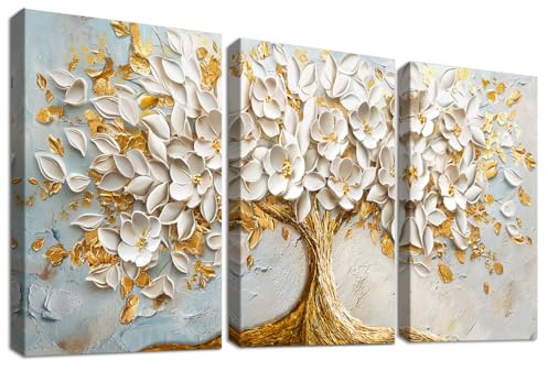 3Pcs Stampa su tela Con Cornice Albero della Vita con Fiori Bianchi Pittura Lussuoso Albero Dorato Moderno Quadri su tela Quadri Moderni Soggiorno Camera da Letto Stampe da Parete 50x70cm x3pcs