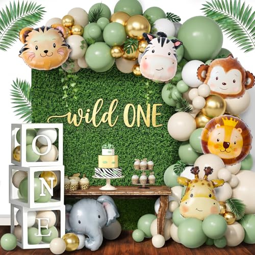 QIFU 1-års Dekorationer För Pojkar, 113 Delar Wild One Födelsedagsdekorationer För Flickor Djungeltema Ballongbåge Kit Med ONE Ballonglådor För 1-års Födelsedag, Djurballonger För Första Födelsedagen