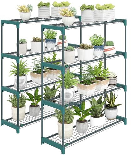 Outsunny 2er-Set Pflanzenständer 4-Etagen 104 cm für Innen Außen Dunkelgrün | Blumenständer, Pflanzenregal aus Stahl, Mehrstöckig Blumenregal, Blumentopfständer für Garten Balkon Deko