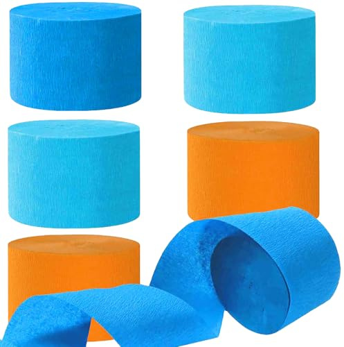 Kreppbänder Hellblau, Blau und Orange 4.5 cm x 25 m 6 Rollen Krepppapier Party Crepe Streamer Luftschlangen Dekorationen Blau und Orange
