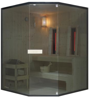 SANOTECHNIK Glacier XL Sauna et cabine infrarouge pour 2 à 3 personnes, combinaison sauna infrarouge en bois d'épicéa avec four électrique de 6,0 kW, 2 projecteurs à lumière rouge de 400 W, verre de