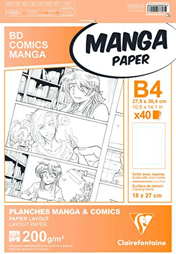 Clairefontaine 94046C Étui Manga et Multi-techniques - 40 Feuilles Papier Dessin Blanc Lisse B4 27,5x37,4 cm 200g - Papier imprimé avec une Graduation Simple - Idéal pour le Dessin au Feutre à Alcool