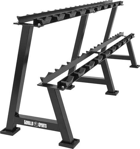 GORILLA SPORTS® Rastrelliera per Manubri - 245 x 62 x 49/91 cm, 2 Livelli, Carico Massimo 500 kg, in Acciaio, Nero - Porta Pesi, Porta Manubri, Rack, Supporto per Manubrio, Palestra, Fitness