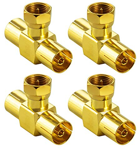 POPPSTAR 4x Sat TV Coax Adapter Verteiler T-Stück (1x F-Stecker auf 2x IEC Antennenbuchse) für Koaxialkabel Antennenkabel vergoldet