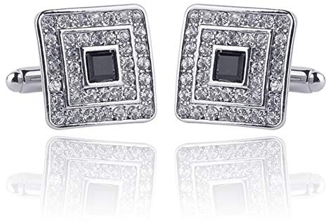 Black and Silver Gold Concentric Diamond Clear Crystal Dust Cufflinks, AILUOR Tuxedo Shirt Cufflinks French Style Shirt Studs (Silver)