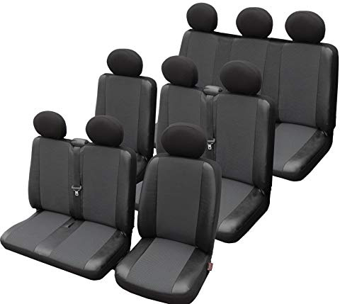 ERJOT Sitzbezüg Maßgefertigte Autositzbezüge kompatibel mit VW T5 Transporter Kunstleder Bus 9-Sitzer Elegance Grau Schwarz Komplett
