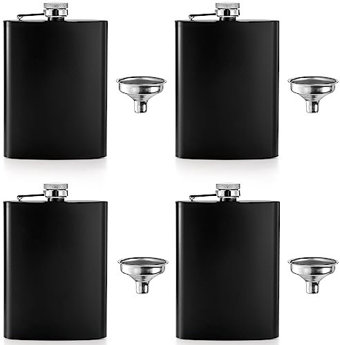 Lawei 4 Pack Stainless Steel Black Hip Flask Set Leakproof Flask with 4 Free Bonus Funnel - 240ml/ 8 oz