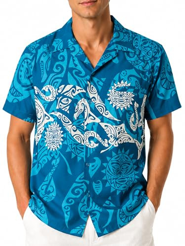 King Kameha Funky-Camicia-Hawaiana, Manica-Corta, Maori-Chest, Turchese, M