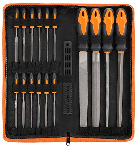 17Pcs File Tool Set with Carry Case,Premium Grade T12 Drop Forged Alloy Steel, Precision Flat/Triangle/Half-round/Round Large File and 12pcs Needle Files/1 brush