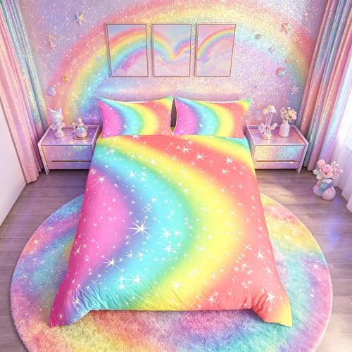 Loussiesd Set di copripiumino per bambine con motivo arcobaleno,con lacci con 2 pezzi,in microfibra ultra morbida,per adulti e donne,adolescenti,senza piumone per letto singolo